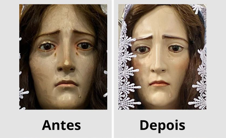 Imagens de antes e depois de Nossa Senhora das Dores, parte das obras religiosas tombadas da Igreja Matriz Nossa Senhora do Rosário